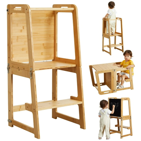 4-in-1 Standing Tower for Toddlers and Kids 1-6 Years, Bamboo Kitchen Learning Helper Stool with Chalkboard, Desk Table, and Chair (Natural)