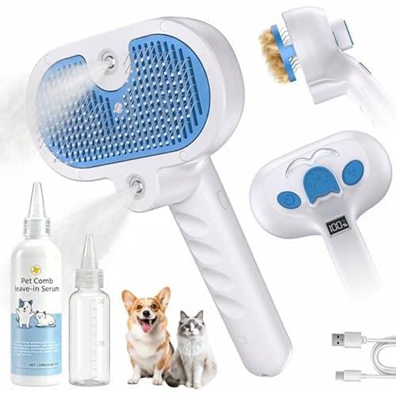 4-in-1 Steam Brush for & with Nozzle | Shedding Hair Removal Comb with Waterless Shampoo, Self-Cleaning Tool for Anti-Static -Friendly Use (blue)
