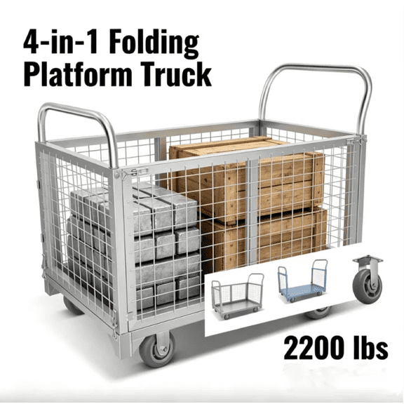 4-in-1 Steel Platform Truck Cart with 2200 LBS Load, Removable Wire Mesh Cage, Folding Heavy Duty Security Cart for Warehouse, Industrial, and Home