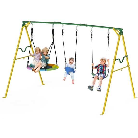 3 in 1 Swing Set,Outdoor Play for Kids,Saucer Swing,Climbing Rope Swing,and Basketball Hoop
