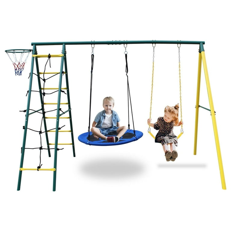 SESSLIFE 4-in-1 Outdoor Swing Set, A-Frame Metal, 2 Seats