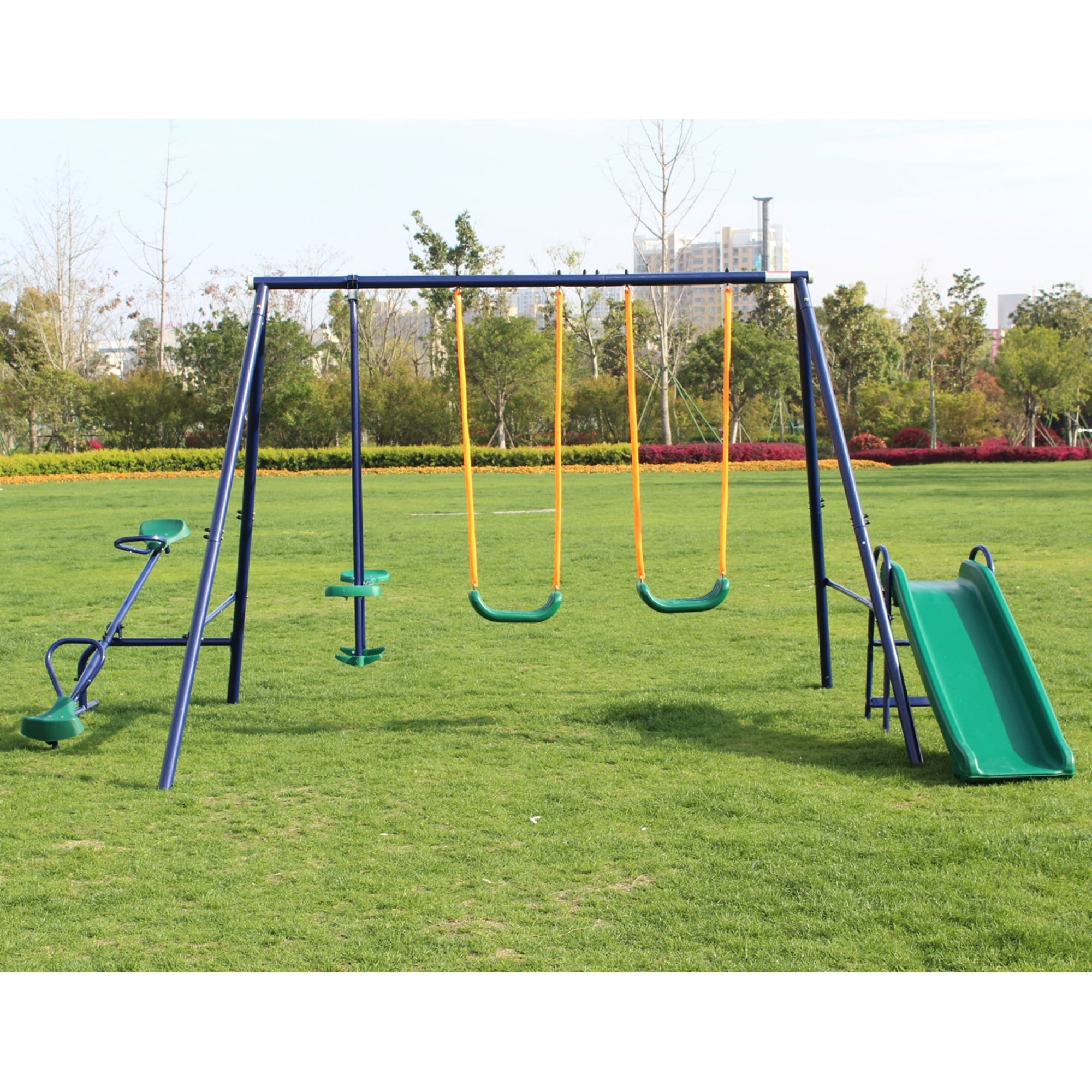 4 in 1 Swing Set for Outside, Heavy Duty A-Frame Metal Swing Set with Seesaw, Belt Swing, Slide, Glider for Playground, Backyard Playset