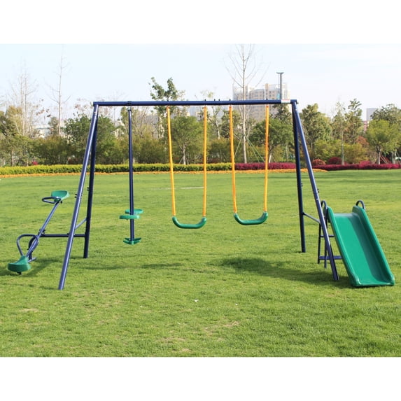 4 in 1 Swing Set for Outside, Heavy Duty A-Frame Metal Swing Set with Seesaw, Belt Swing, Slide, Glider for Playground, Backyard Playset
