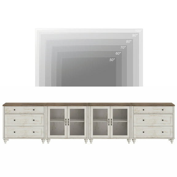 4-in-1 TV Stand for 75 Inch TV, Wood TV Cabinet Entertainment Center Television Stands for Living Room, Sideboard Buffet Cabinet with Glass Door & Drawer for Kitchen, Rustic White