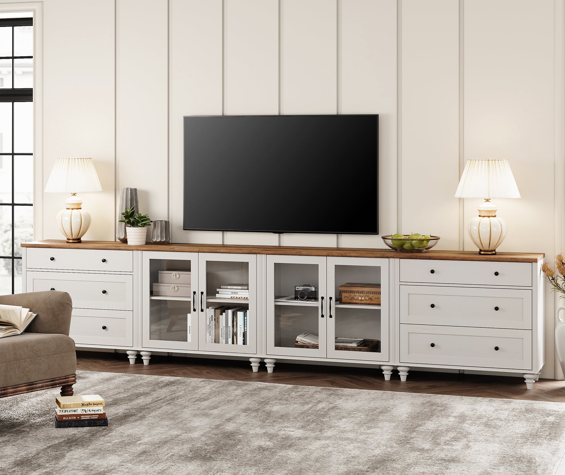 4-in-1 TV Stand for 75 Inch TV, Wood TV Cabinet Entertainment Center Television Stands for Living Room, Sideboard Buffet Cabinet with Glass Door & Drawer for Kitchen, White
