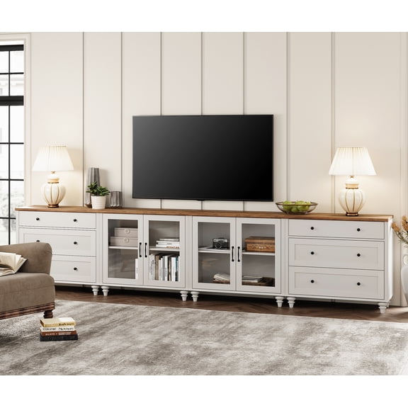 4-in-1 TV Stand for 75 Inch TV, Wood TV Cabinet Entertainment Center Television Stands for Living Room, Sideboard Buffet Cabinet with Glass Door & Drawer for Kitchen, White