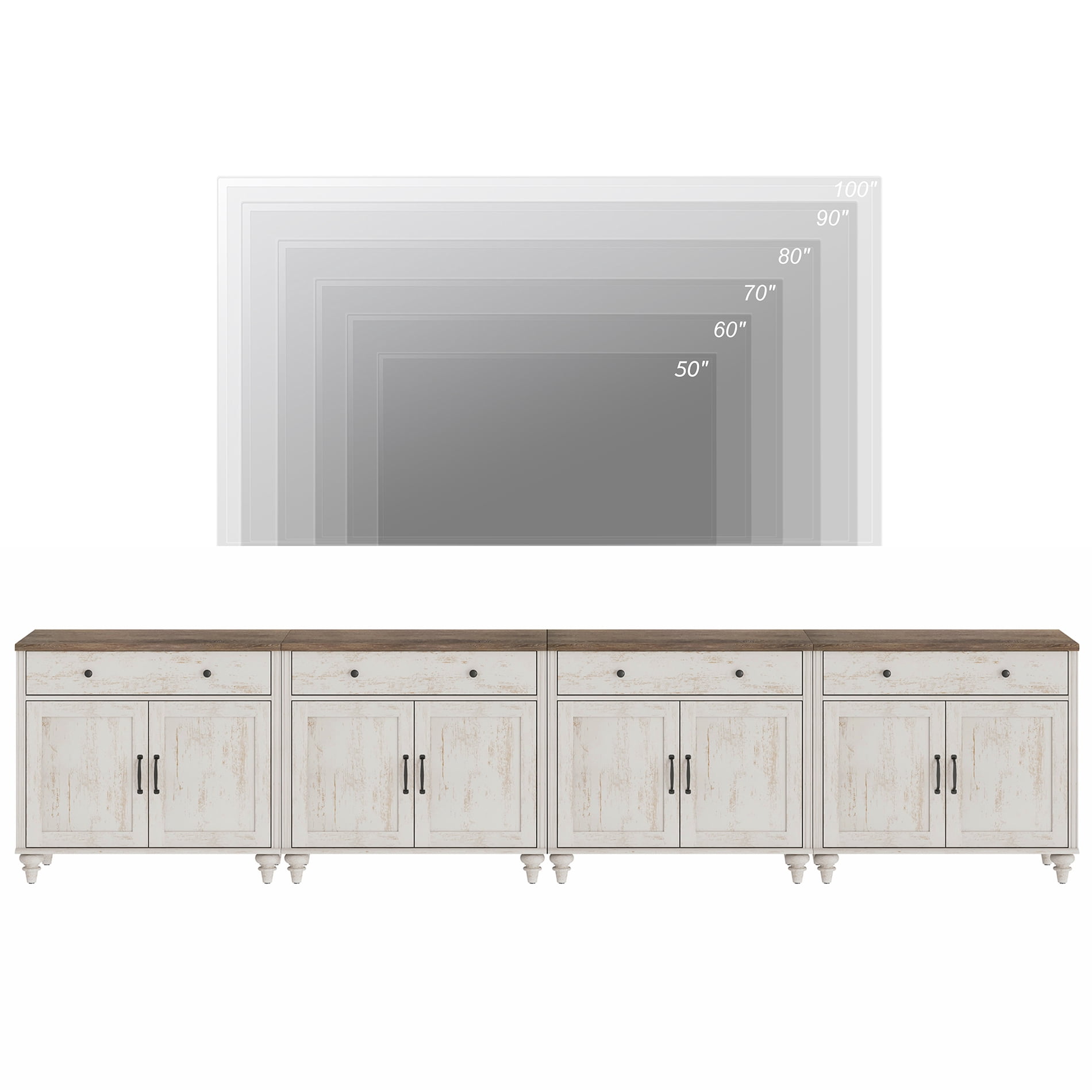 4-in-1 TV Stand, Farmhouse Wood Console Table Storage Cabinet for Living Room, Kitchen Sideboard Buffet Cabinet With Glass Door for Dining Room, Rustic White
