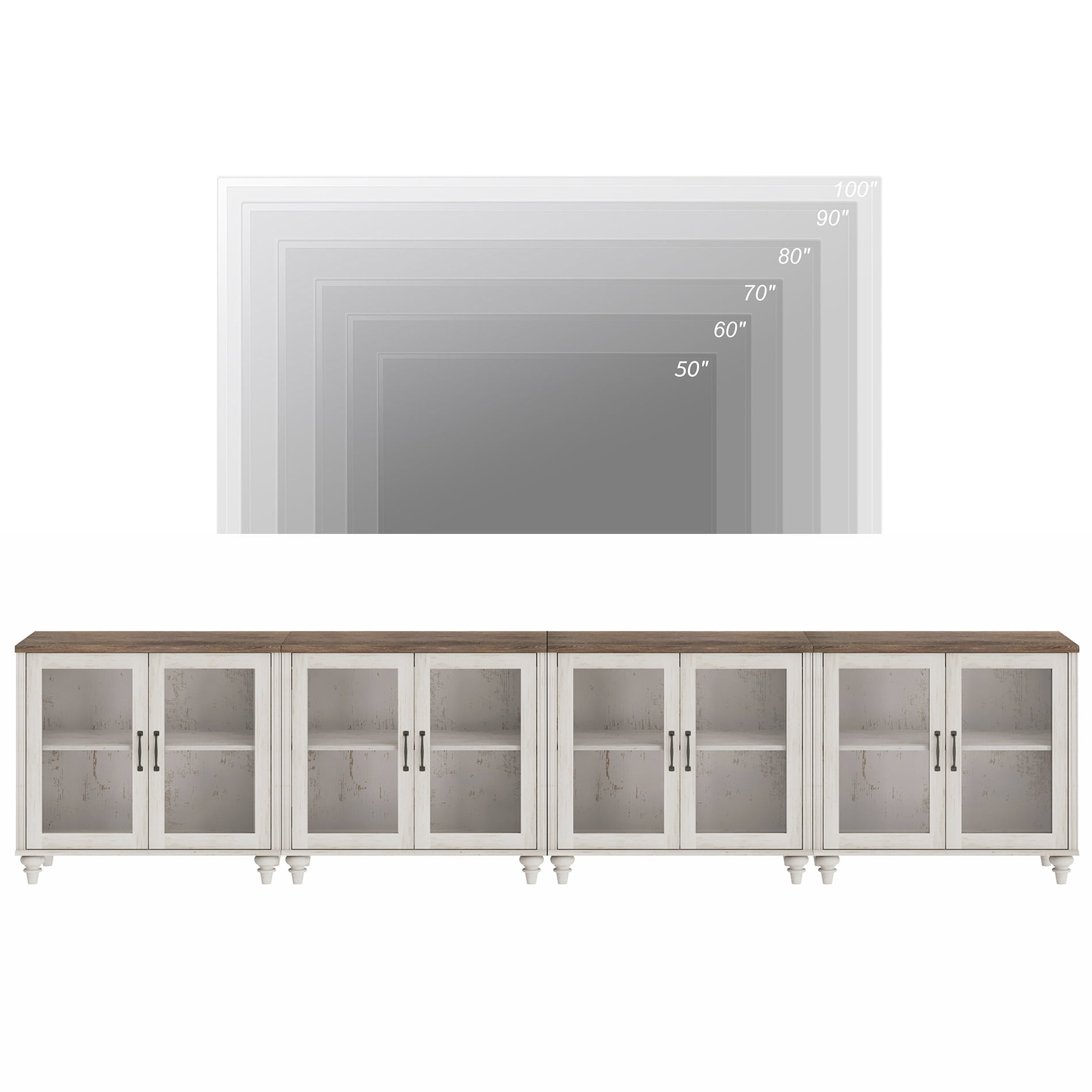 4-in-1 TV Stand, Wood Console Table Storage Cabinet for Living Room, Kitchen Sideboard Buffet Cabinet With Glass Door for Dining Room, Rustic White