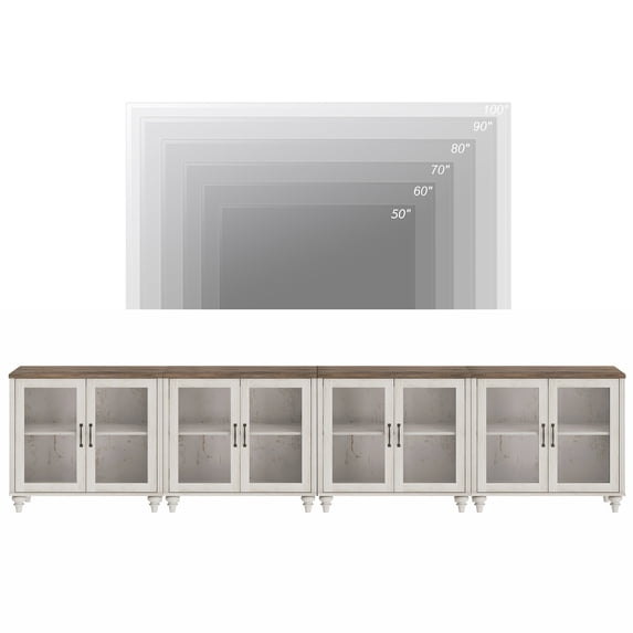 4-in-1 TV Stand, Wood Console Table Storage Cabinet for Living Room, Kitchen Sideboard Buffet Cabinet With Glass Door for Dining Room, Rustic White