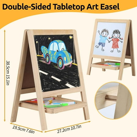 4-in-1 Tabletop Wooden Easel for 2-4-Year-Olds - Double-Sided Chalkboard & Whiteboard with Magnetic Letters/Numbers, Markers & Eraser