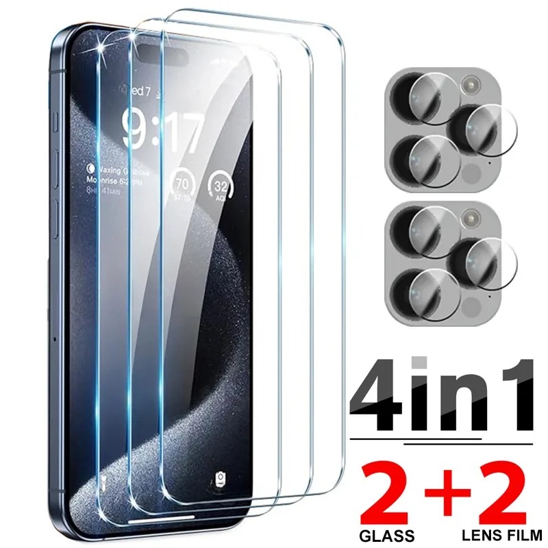 4 in 1 Tempered Glass with Camera Lens Protective Film For iPhone 15