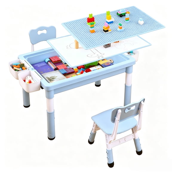 4-in-1 Toddler Activity Table with 2 Chairs, Double Sided Tabletop for Graffiti & Building Blocks, Kids Play Set with Four Side Storage Bins, Blue