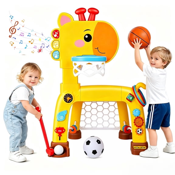 4-in-1 Toddler Basketball Hoop, Soccer Goal, Golf Toy & Ring Toss Game with Lights and Music, Kids Sports Activity Center Gifts for Boys and Girls Ages 1-3