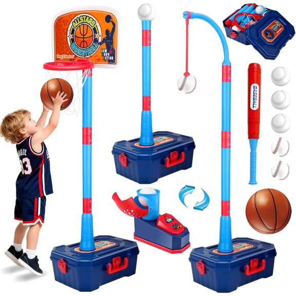 Caunedy 4 in 1 Toddler Basketball Hoop and T Ball Set, Kids Baseball Toys with Pitching Machine, Indoor & Outdoor Sport Birthday Gifts for 1-3 3-5 Year Old