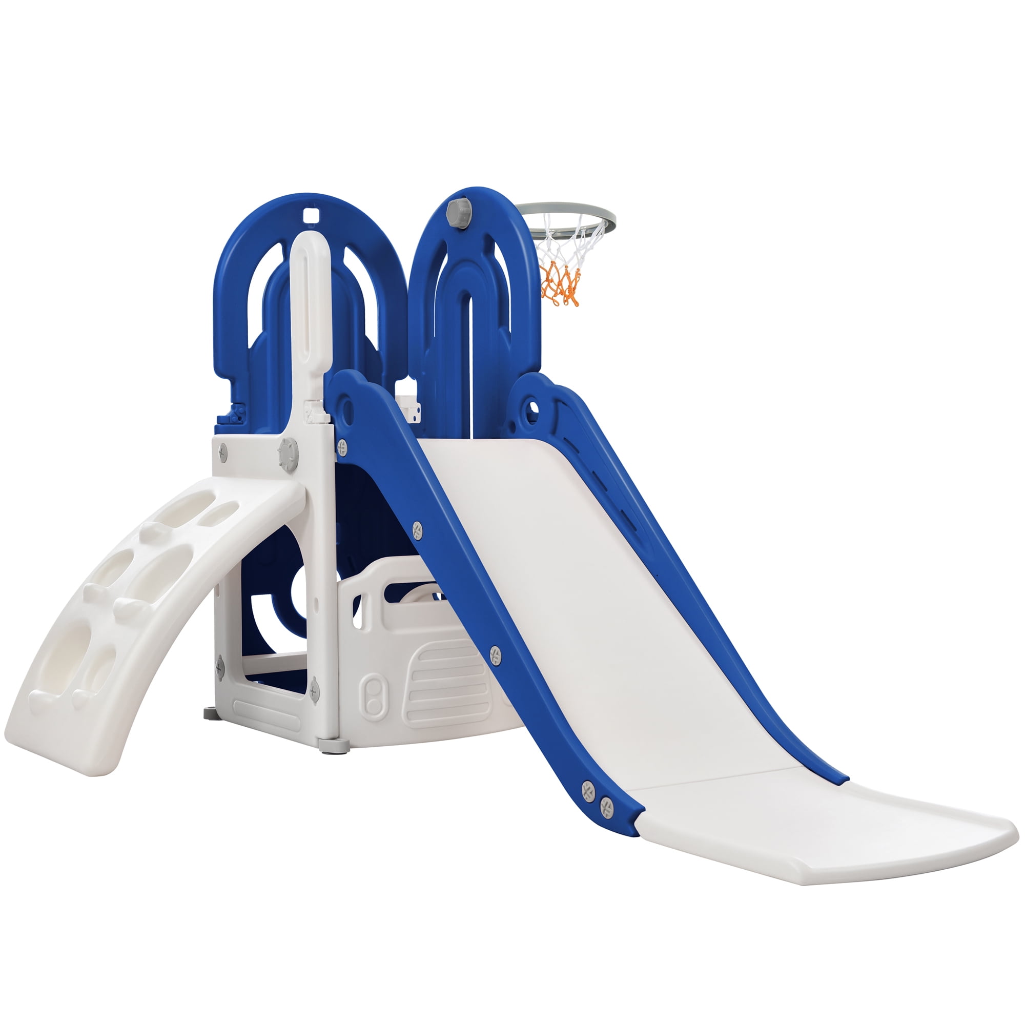 4 in 1 Toddler Climber and Slide Set with Basketball Hoop,Kids Climber & Bus Playhouse Slide Playse,Blue