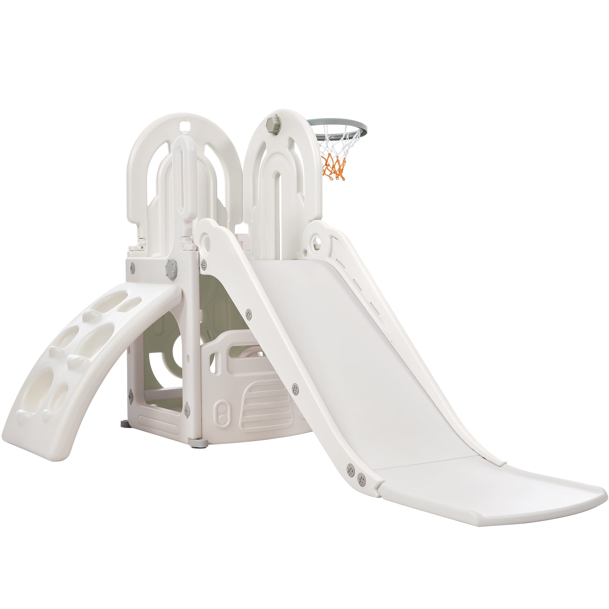 4 in 1 Toddler Climber and Slide Set with Basketball Hoop,Kids Climber & Bus Playhouse Slide Playset,Gray