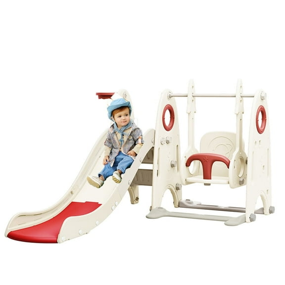 4 in 1 Toddler Slide and Swing Set for Indoor Playground, Freestanding Kids Climber Slide Playset with Adjustable Seat Height and Basketball Hoop