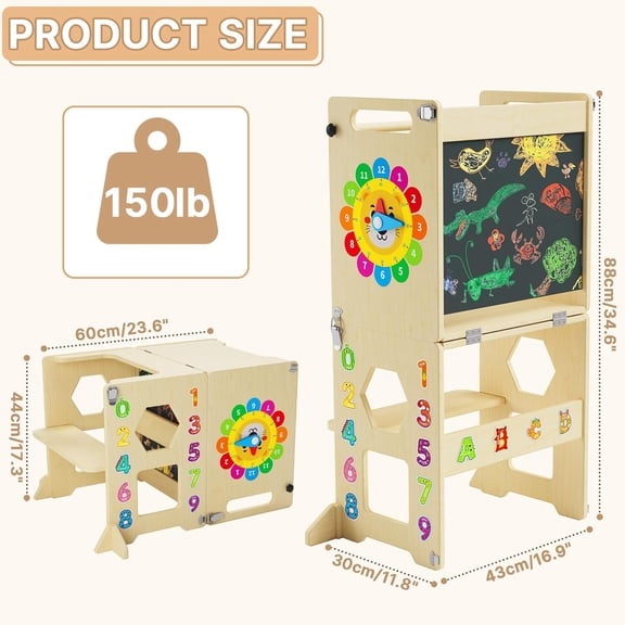 4-in-1 Toddler Standing Tower with Blackboard and Wooden Learning Clock