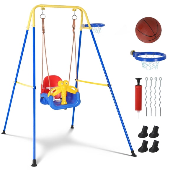 4-in-1 Toddler Swing Set – Multi-Functional Kids Playset for Indoor & Outdoor Use with Detachable Baby Swing, Basketball Hoop, Safety Belt & Collapsible Metal A-Frame – US Version with Basket Frame