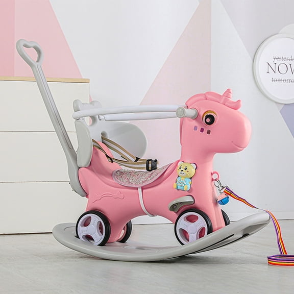 4-in-1 Toddler Unicorn Rocking Horse & Balance Ride On Toy, HDPE Kids Push Walking Car with Detachable Push Handle, Backrest Footrest & Sound Button, Indoor Outdoor Riding Toy for Ages 1-3, Pink