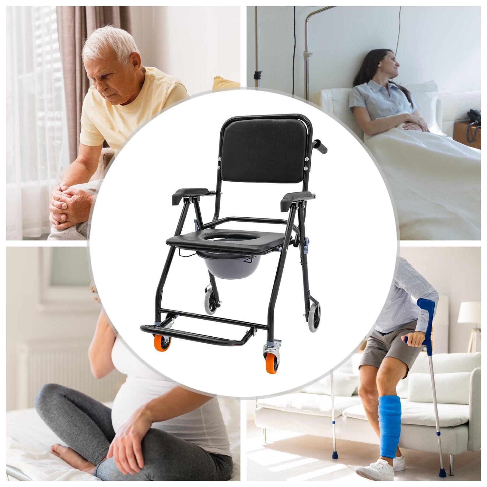 4-in-1 Toilet Rolling Transport Chair, Foldable Shower Chair with Wheels