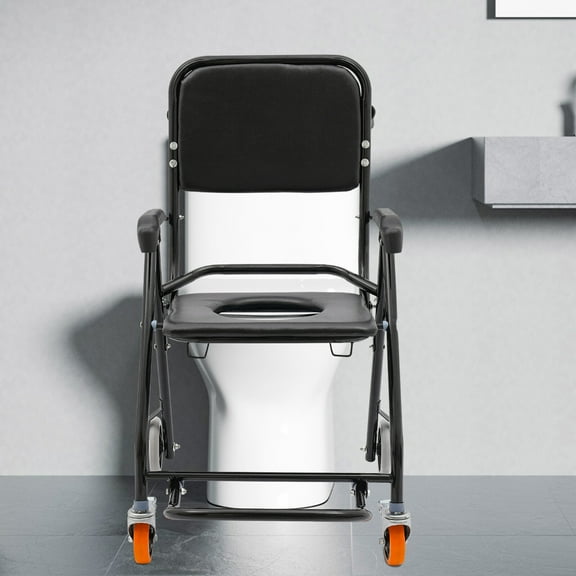 4-in-1 Toilet Rolling Transport Chair, Foldable Shower Chair with Wheels
