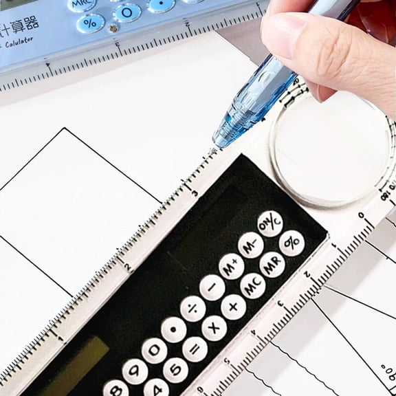 4-in-1 Transparent Ruler Calculator with Magnifier and Protractor - Black