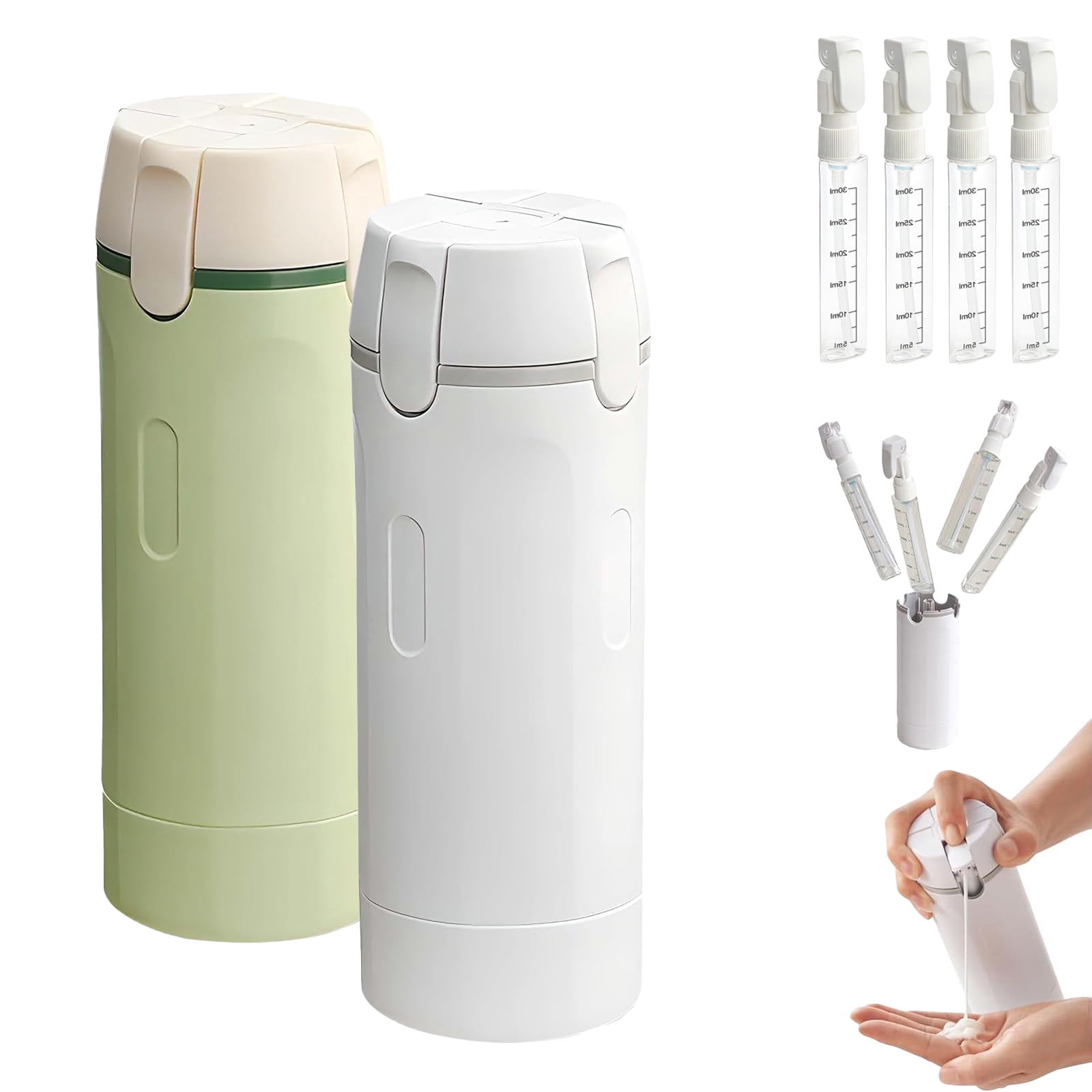 4-in-1 Travel Dispenser Bottles, Leak-Proof Refillable Toiletry Containers with Labels, Compact Shampoo & Lotion Bottle Set for Travel & Flights