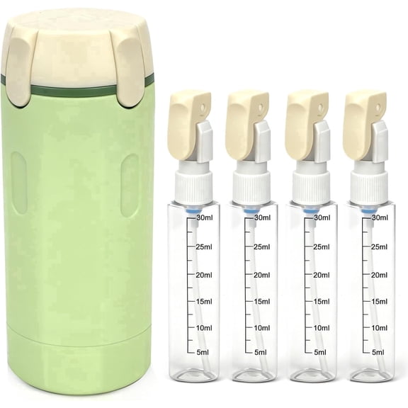 4 in 1 Travel Dispenser Set, 4 Pack 30ML Refillable Travel Toiletry Bottles, Leak Proof Portable Containers for Shampoo, Body Wash & Detergent, Green