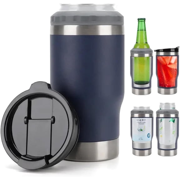 4 in 1 Travel Mug and Can Insulator for 14oz Can and Beer Bottle Stainless steel Vacuum Insulated Cup and Thermocooler (Navy Blue)
