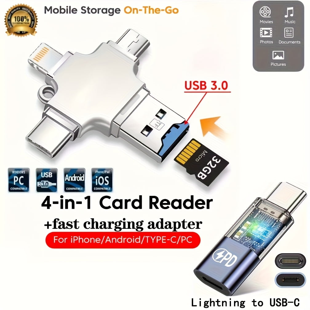 4-in-1 USB 3.0 OTG Card Reader & Fast Charger Adapter for iPhone iPad Android, Mobile Storage Flash Drive for TF/Micro SD Cards, USB 3.0 Hub for Content Creators & Tablet Users