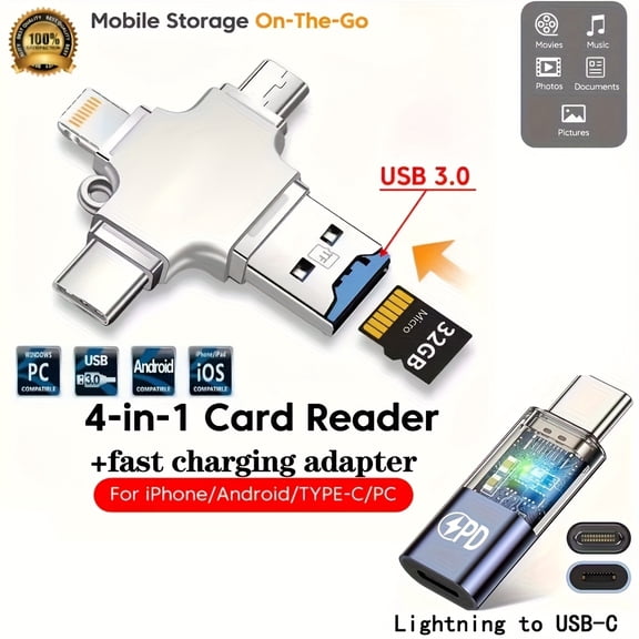 4-in-1 USB 3.0 OTG Card Reader & Fast Charger Adapter for iPhone iPad Android, Mobile Storage Flash Drive for TF/Micro SD Cards, USB 3.0 Hub for Content Creators & Tablet Users