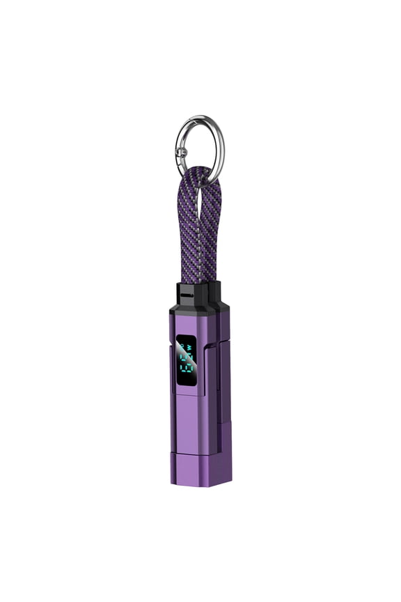 4 in 1 USB C Keychain Charger Cable 65W Fast Charging Short Phone Lanyard Data Cable with Digital Display for Type C USB A Lightning (Purple)