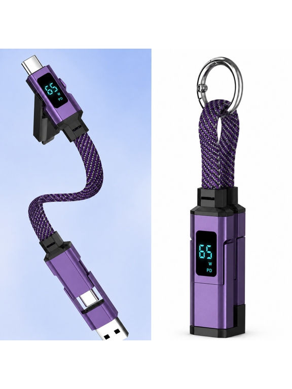 4 in 1 USB C Keychain Charger Cable, 65W Fast Charging Short Phone Lanyard Data, Portable Multi Charge LED Display Digital Cord