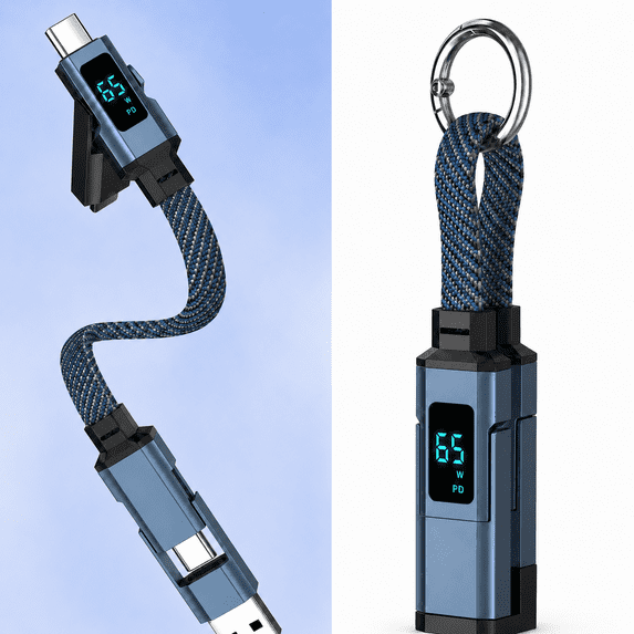 4 in 1 USB C Keychain Charger Cable, 65W Fast Charging Short Phone Lanyard Data, Portable Multi Charge LED Display Digital Cord