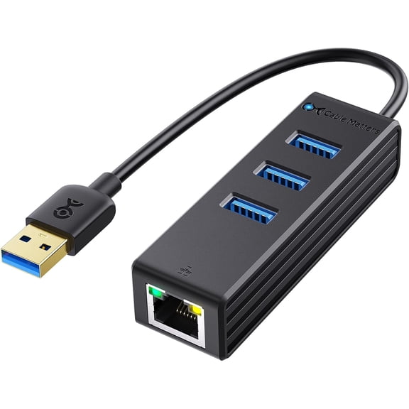 4-in-1 USB Hub with Ethernet, Support Gigabit Network (USB 3.0 Hub Ethernet) with 10/100/1000Mbps Network, 3X 5Gbps USBA Ports in Black