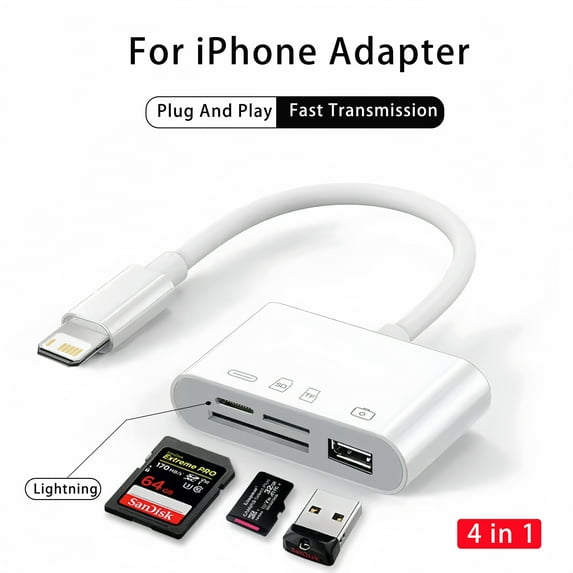 4 in 1 USB OTG Card Reader Compatible SD/TF Card Camera Memory for iPhone 14 13 12 11 Pro Max Lightning Fast Charging Port (4 IN 1 Lightning)
