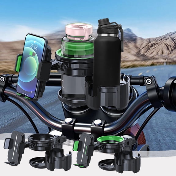 4-in-1 Universal Cup Holder for Stroller, Bicycle, Wheelchair & Shopping Cart | 360° Rotatable, Anti-Slip Silicone Grip Spill-Proof Design | Adjustable Single/Double Cup and Phone Holder, Green