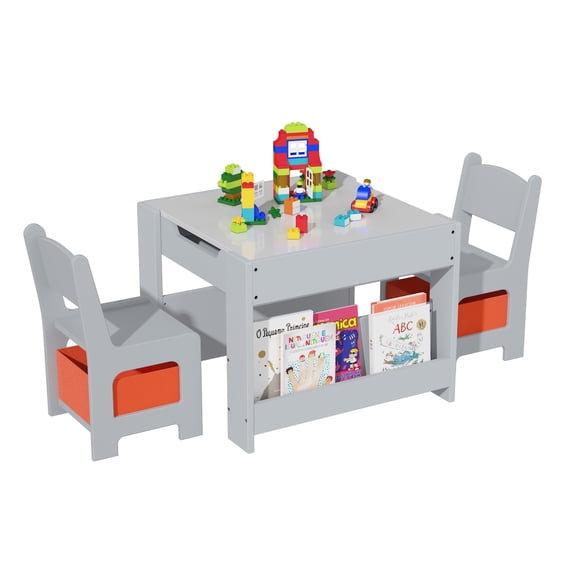 4-in-1 Versatile Wooden Kids Activity Table & Chair Set – Reversible Erasable Top, Bookshelf, Storage Drawers, 2 Chairs – For Art, Craft, Study, Playroom, Nursery – Grey