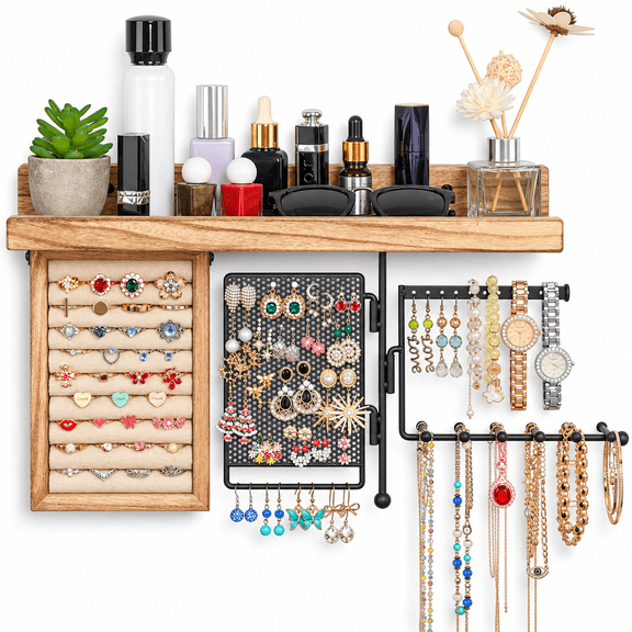 4-in-1 Wall Mounted Jewelry Organizer, Hanging Jewelry Holder with Rustic Wood Shelf, Ring Display, Rotating Earring Panel and Necklace Hooks for Bracelets, Watches and Cosmetics, Rustic Brown