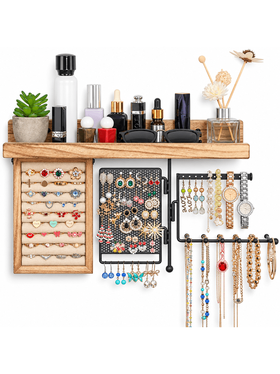 4-in-1 Wall Mounted Jewelry Organizer, Hanging Jewelry Holder with Rustic Wood Shelf, Ring Display, Rotating Earring Panel and Necklace Hooks for Bracelets, Watches and Cosmetics, Rustic Brown