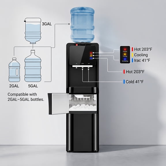 4-in-1 Water Dispenser with Ice Maker, Compatible with 3 or 5 Gallon Bottles, Hot, Cold, Room Temperature with Fast Ice Making, Child Lock, for Home and Office, Black