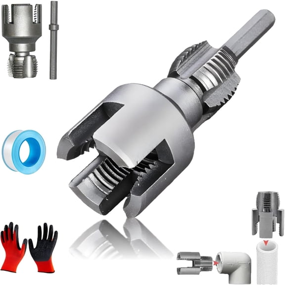 4-in-1 Water Pipe Wrench, 2026 New Pipe Tapping & Threading Tool for 1/2" & 3/4" Pipes, Drill-Compatible PVC Threader with Int/Ext Function (1/2") (K)