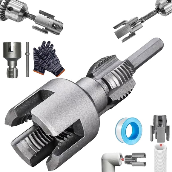 4-in-1 Water Pipe Wrench, 2026 New Upgrade Integrated Internal & External Pipe Threading Tool for 1/2", 3/4" & 1" PVC Pipes, Carbon Steel Electric Drill Compatible Set