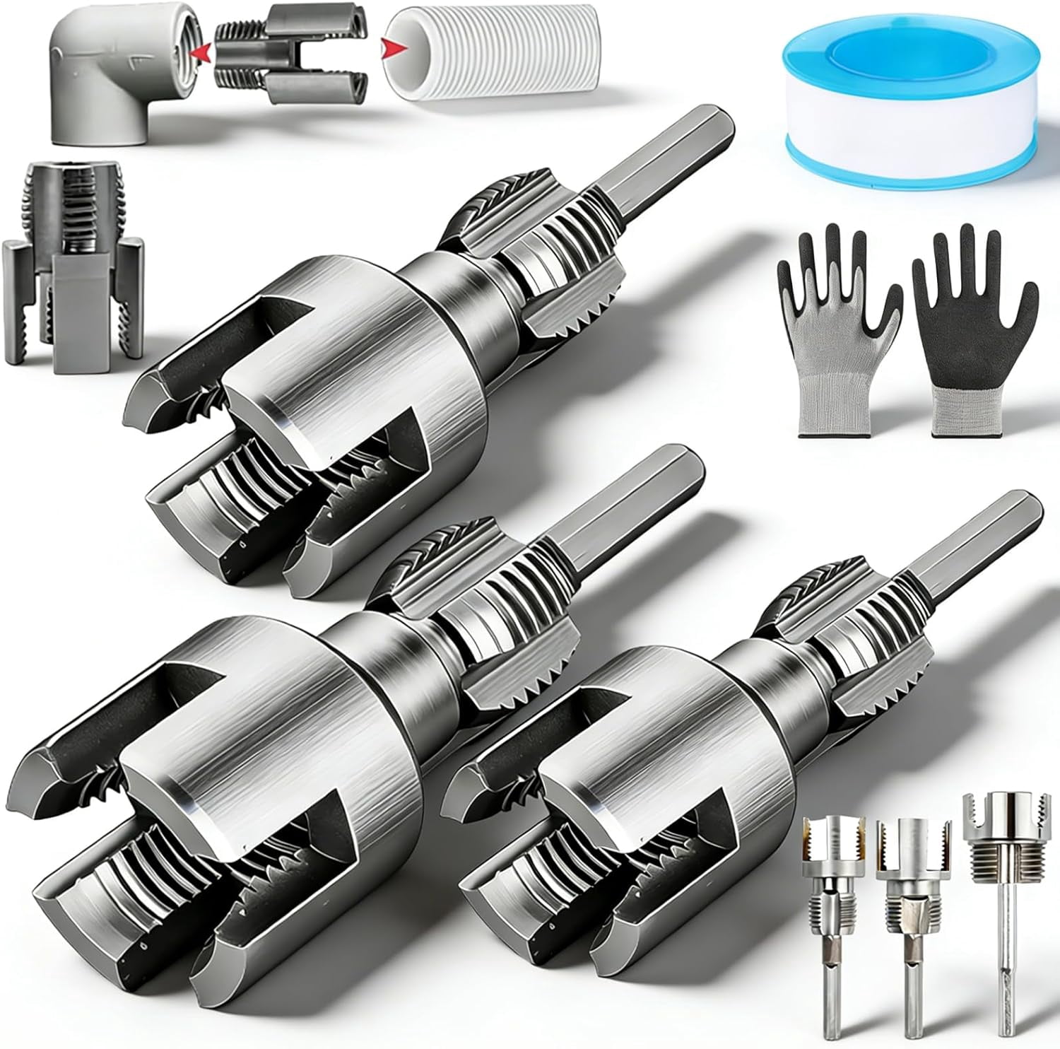 4-in-1 Water Pipe Wrench and Threader Set, Pipe Tapping Tool for 1/2", 3/4", and 1" Pipes, Drill Compatible Plumbing Tool