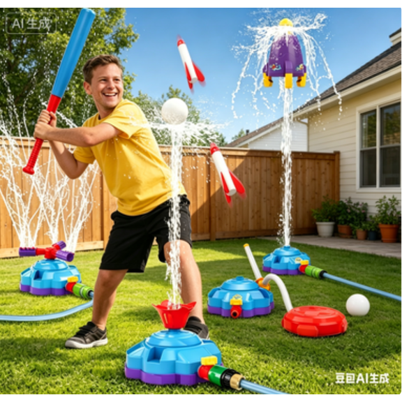 4-in-1 Water Sprinkler Baseball Toy, Water-Spraying Rocket, Water Baseball, Rocket Launch Game, Spinning Water Sprayer Outdoor Summer Water Game
