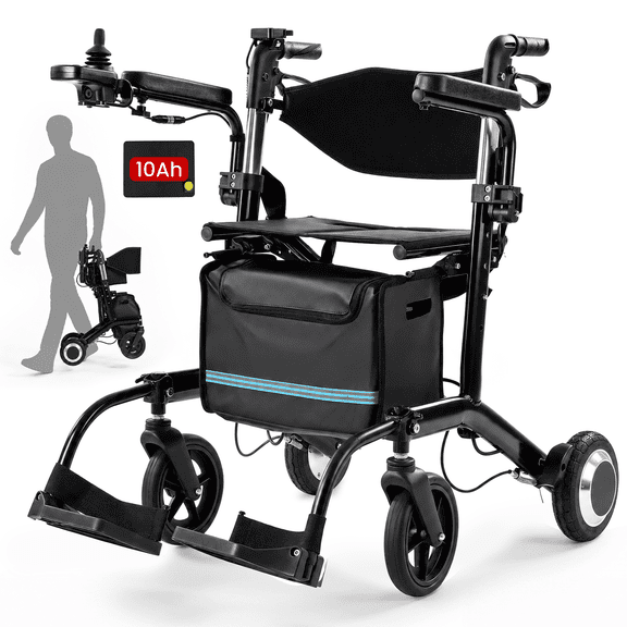 4 in 1 Wheelchair Rollator Walker Combo, 39lbs Lightweight Electric Wheelchair for Adults, 10Ah Battery, Black