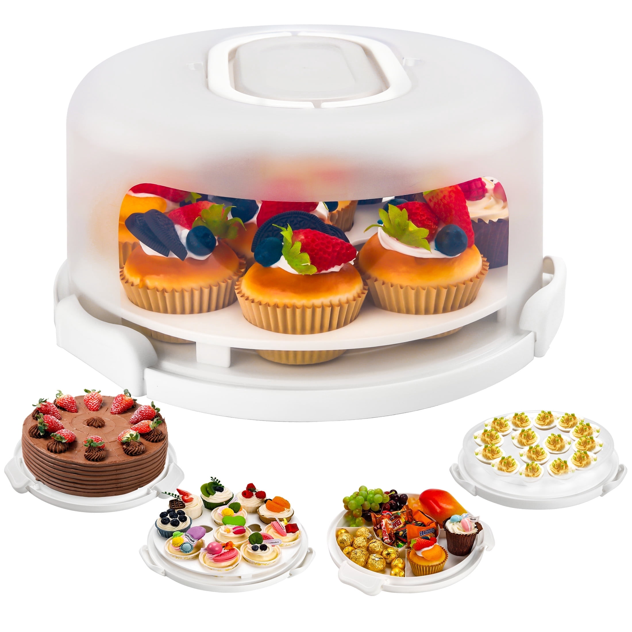 4-in-1 White Cake Container with Lid, Round Plastic Cupcake Holder