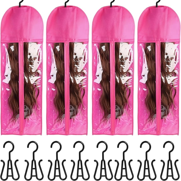 4-in-1 Wig Storage Solution - Extra Long Wig Hanger & Bags (31.5 Inch, Rose Red)