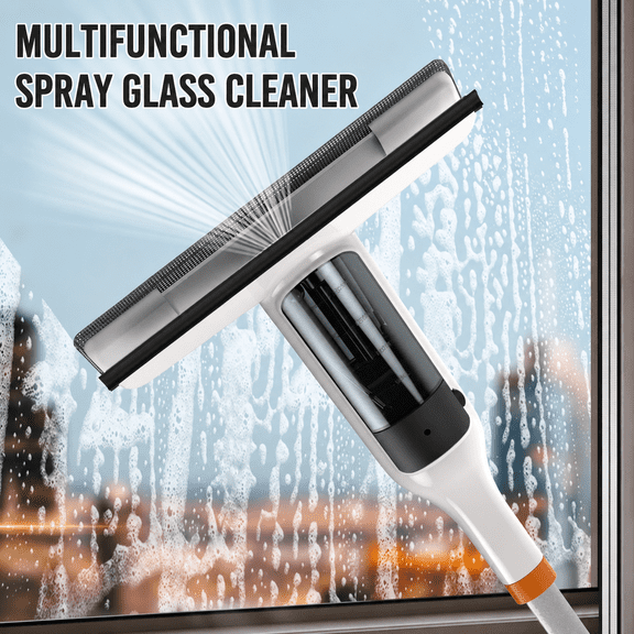 4-in-1 Window Cleaning Kit with Spray Window Squeegee & Extended Upgrade Pole, 2 Replacement Sponge Heads, Household Cleaning Tool for Home Bathroom, Car Windshield & Tall Windows